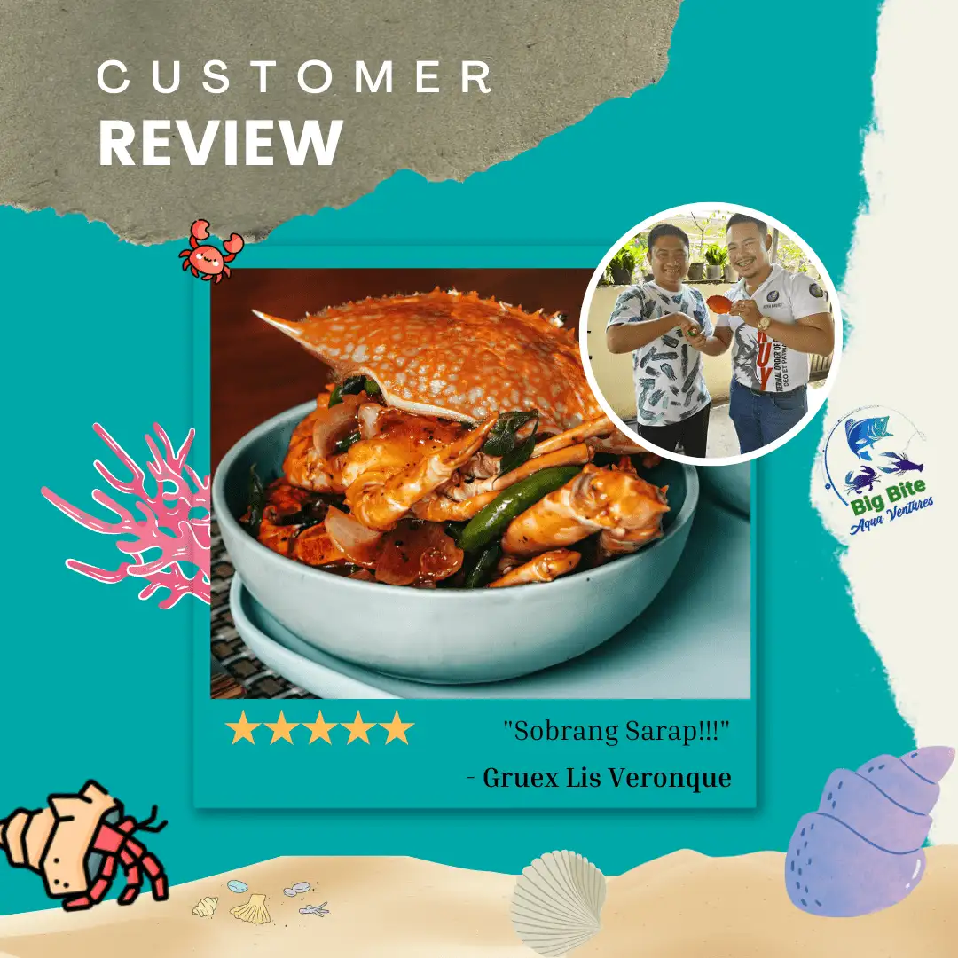 Customer review with photo of live crabs and 5-star rating from Gruex Lis Veronque.