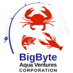BigByte Aqua Ventures Corporation logo featuring a crab, fish, shrimp, and fishing rod in red and blue
