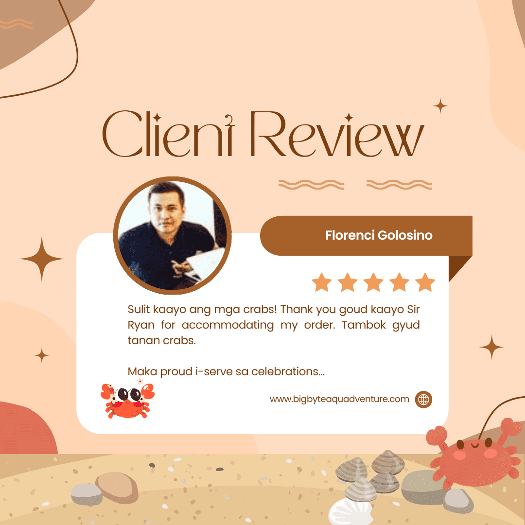 Customer review with photo of live crabs and 5-star rating from Florencio Golosino.