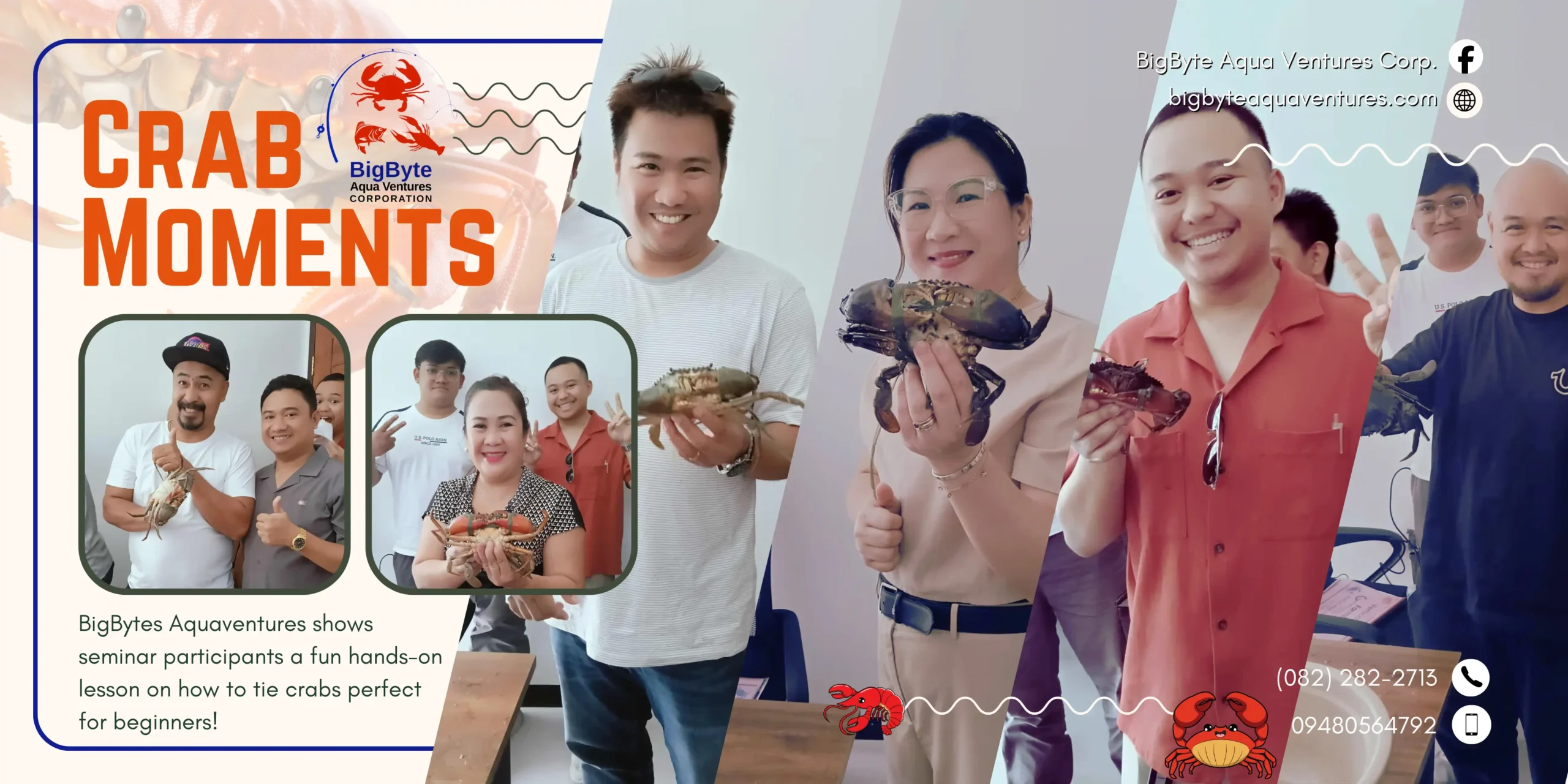 Crab Tying Moments by BigByte Aqua Ventures — participants learning how to handle and tie crabs during a hands-on aquaculture workshop in Davao City.