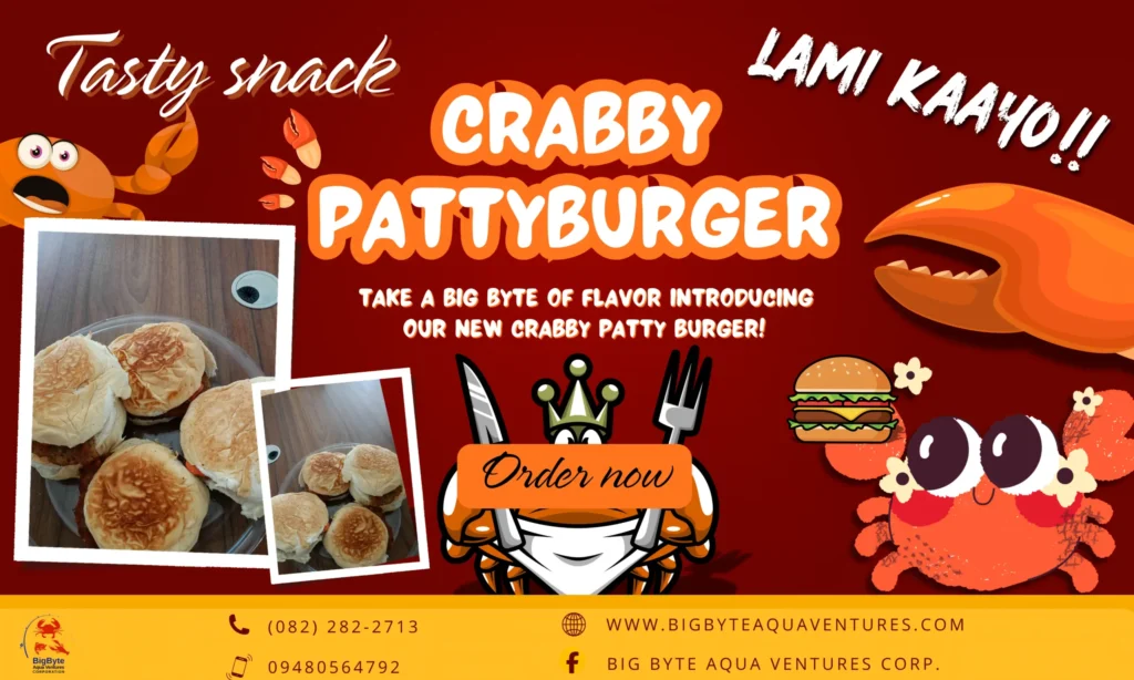 Crabby Patty Burger by Big Byte Aqua Ventures 100% real crab meat burger with seafood flavor