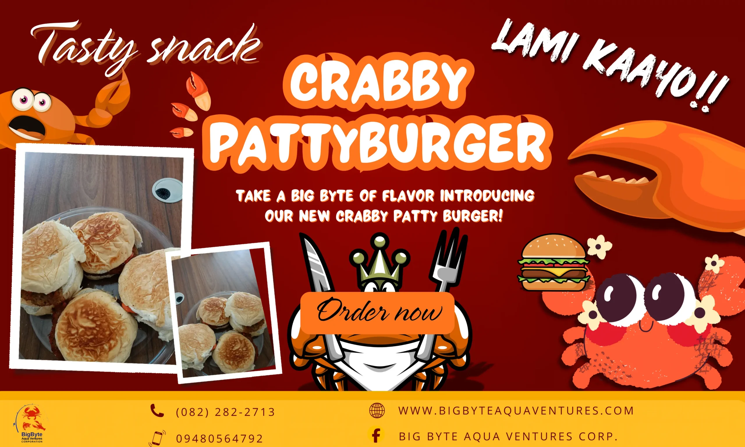 Crabby Patty Burger by Big Byte Aqua Ventures 100% real crab meat burger with seafood flavor