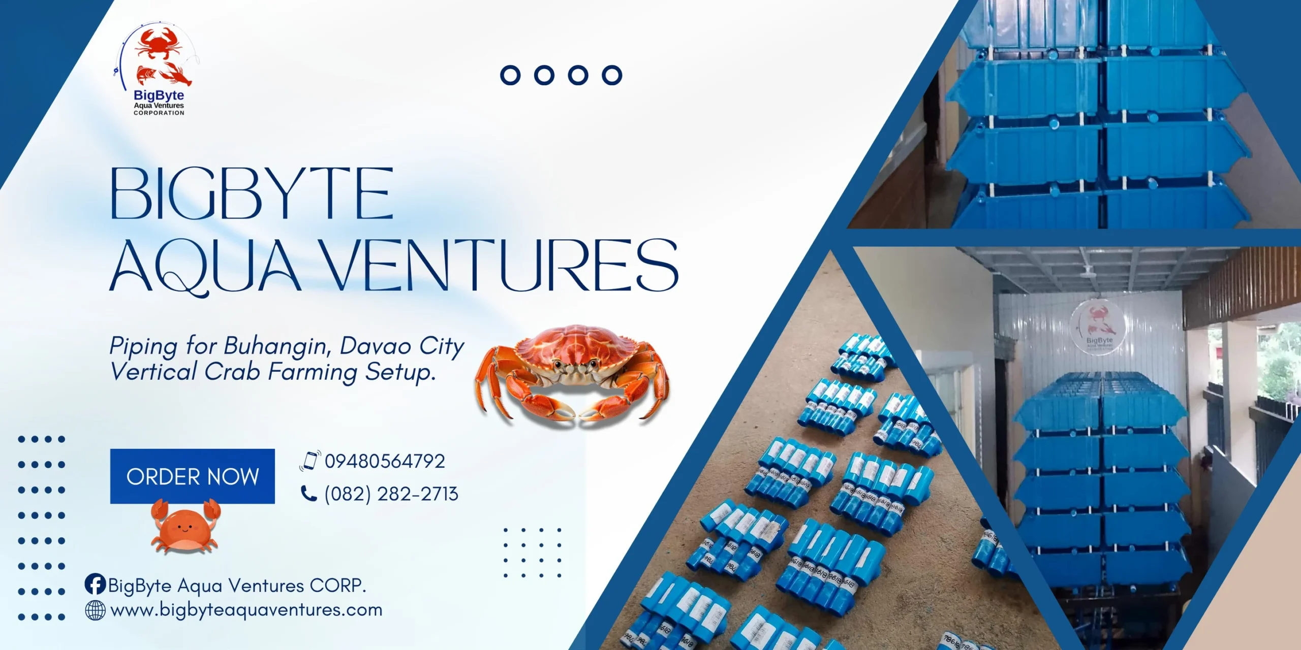 BigByte Aqua Ventures vertical crab farming setup in Davao City featuring blue crab containers and aquaculture piping system.