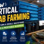 Modern vertical crab farming system in a small backyard featuring stacked blue crab tanks, a recirculating water system, and a live mud crab, promoting space-efficient and profitable aquaculture.