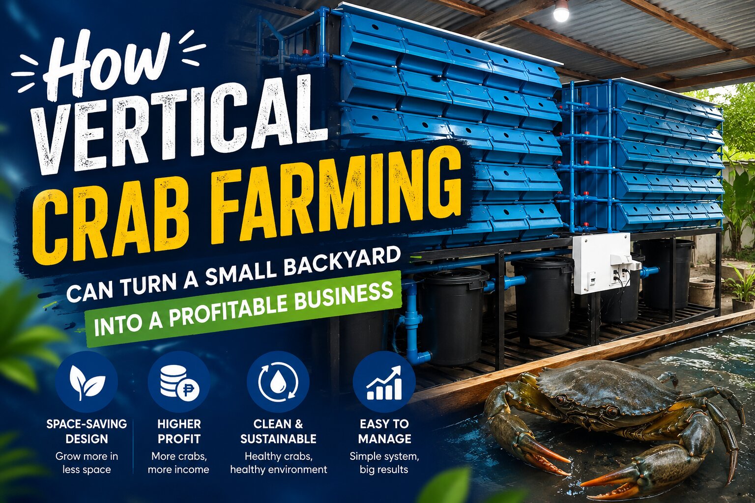 Modern vertical crab farming system in a small backyard featuring stacked blue crab tanks, a recirculating water system, and a live mud crab, promoting space-efficient and profitable aquaculture.