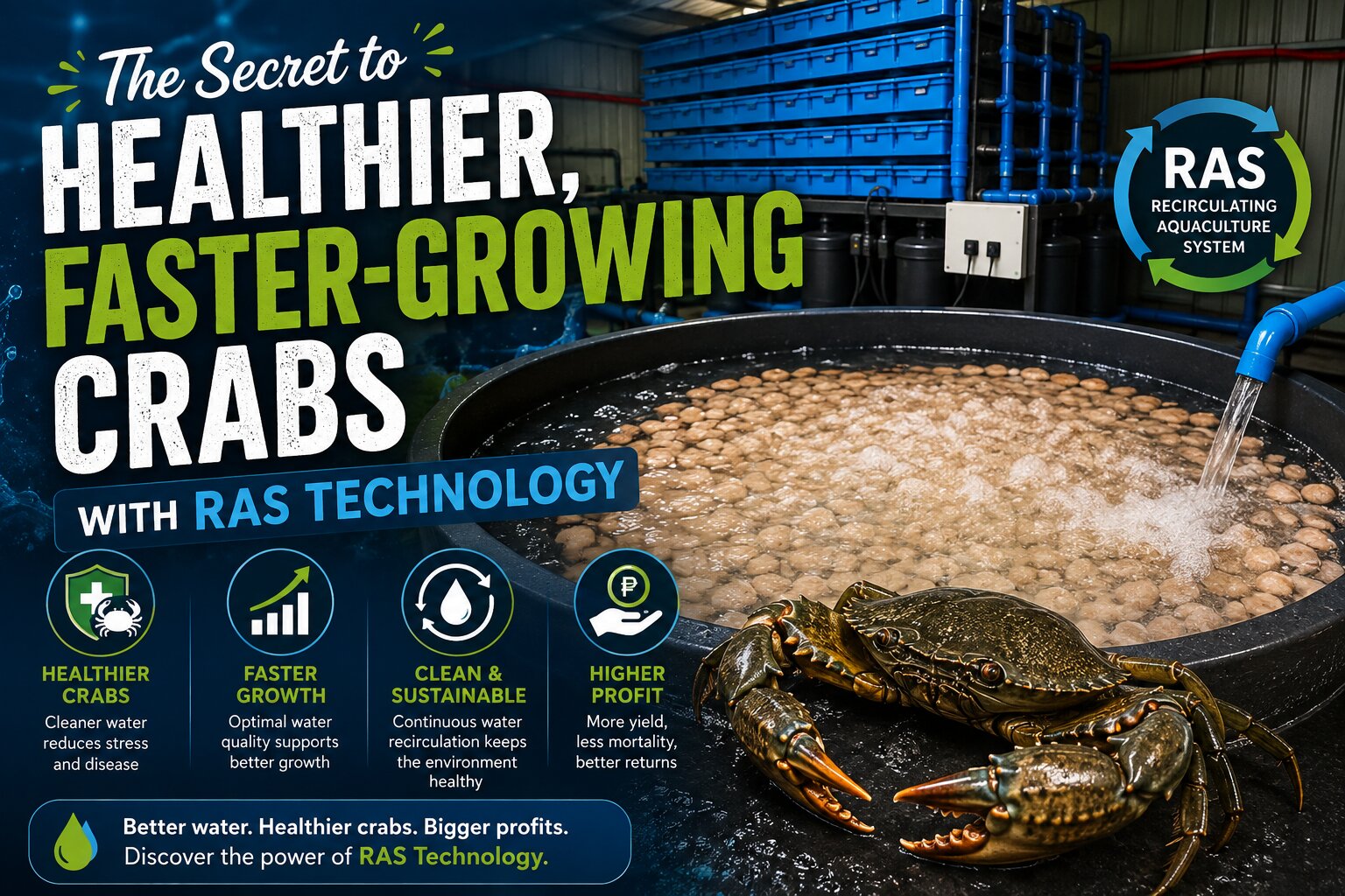 Modern Recirculating Aquaculture System (RAS) for crab farming, featuring a filtration tank and healthy mud crab to promote faster growth and improved water quality.