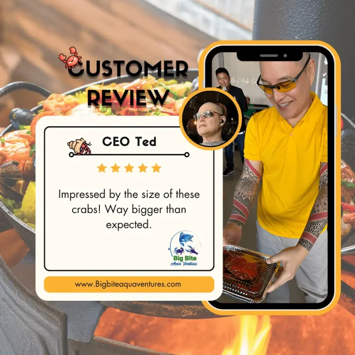 Customer review with photo of live crabs and 5-star rating from CEO ted