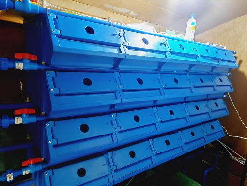 Front view of vertical stacked boxes designed for crab farming.